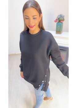 Siyah Zımba Düğme Detay Sweatshirt 