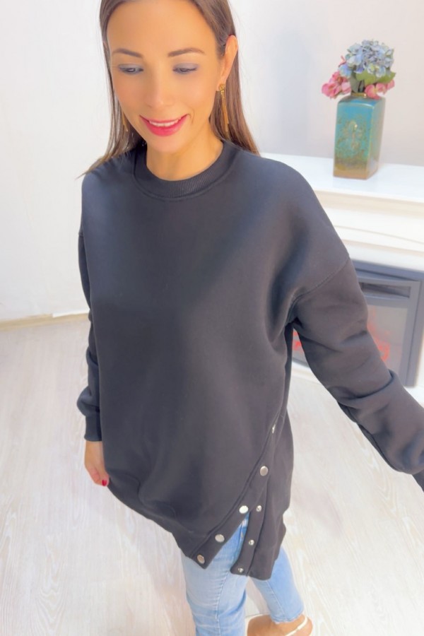 Siyah Zımba Düğme Detay Sweatshirt 