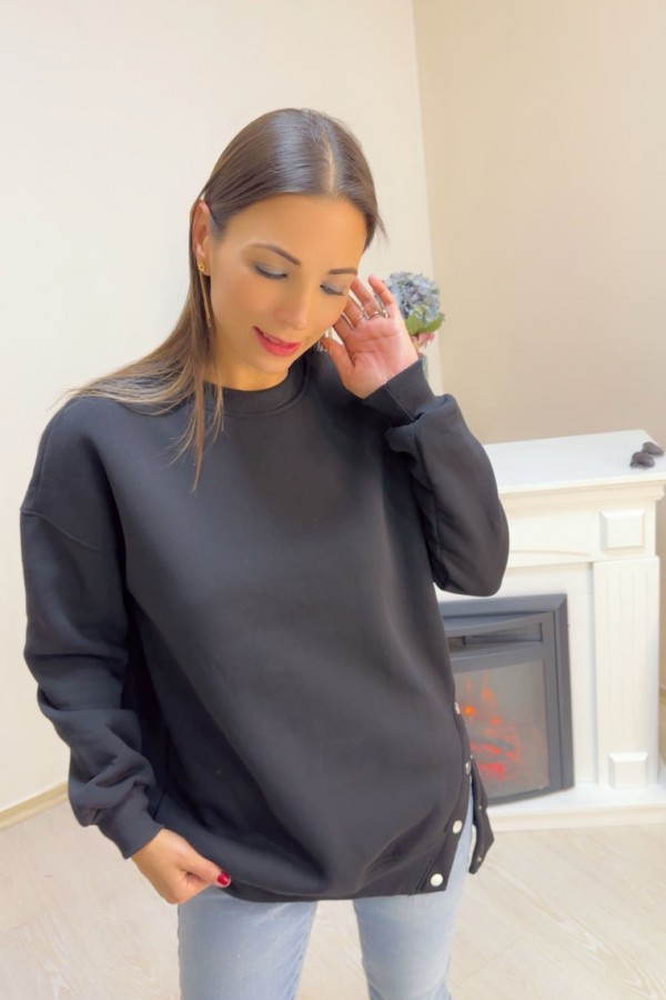 Siyah Zımba Düğme Detay Sweatshirt 