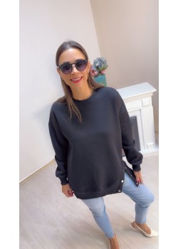 Siyah Zımba Düğme Detay Sweatshirt 