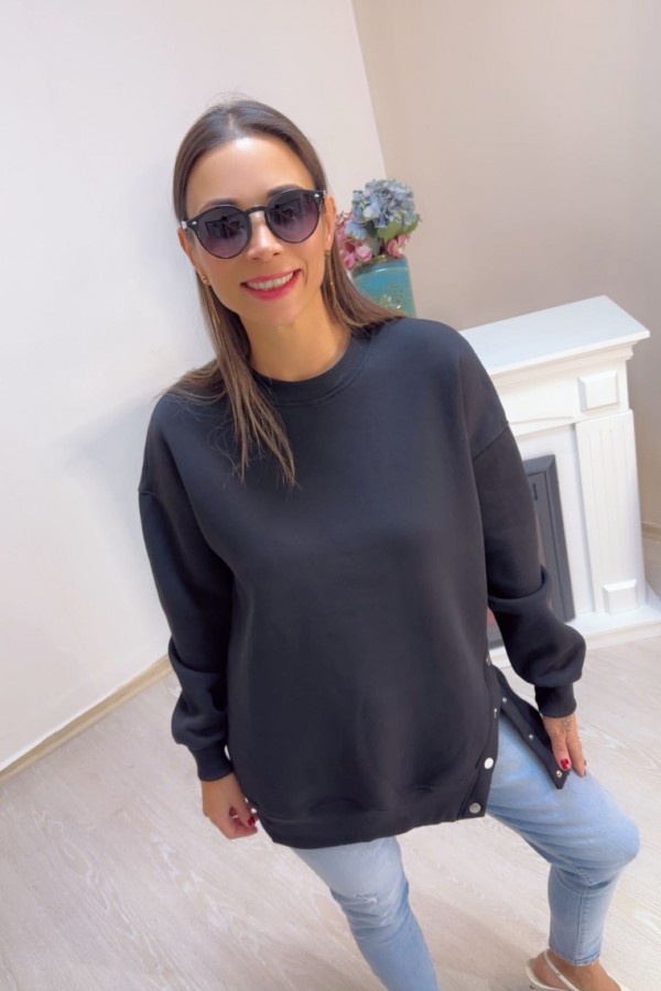 Siyah Zımba Düğme Detay Sweatshirt 