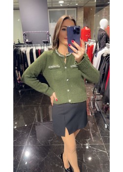 Taşlı Hırka Haki Yeşil