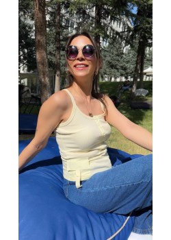 Saten Cep Detay Atlet Bluz Sarı 