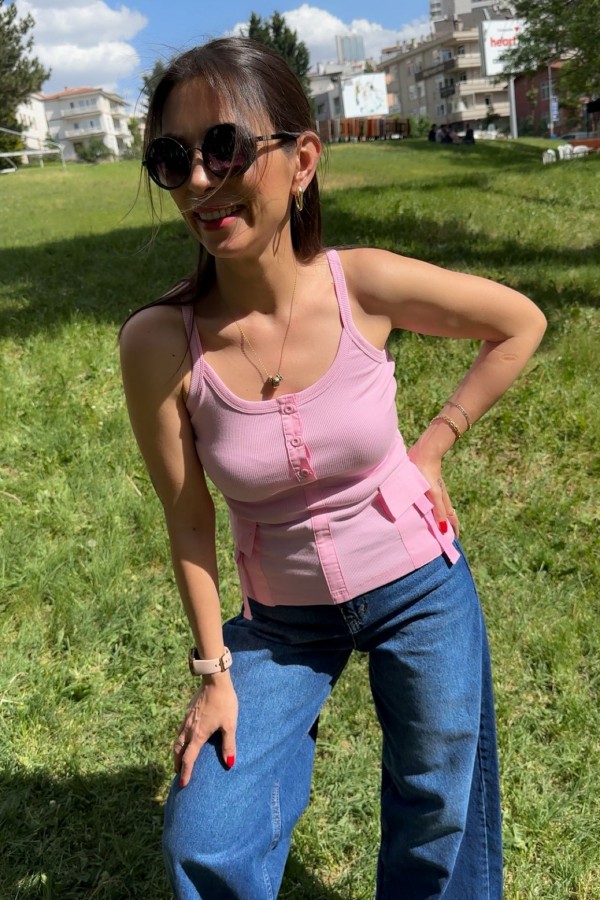 Saten Cep Detay Atlet Bluz Pembe