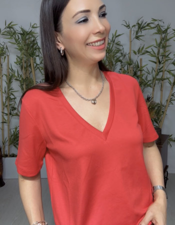 Derin V Yaka Oversize Tişört Kırmızı