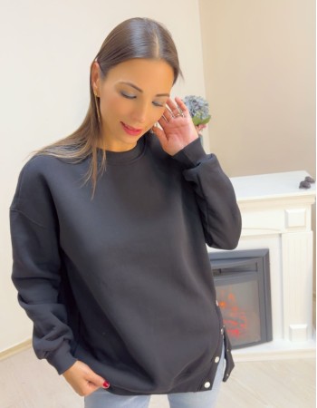 Siyah Zımba Düğme Detay Sweatshirt