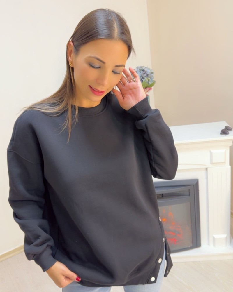 Siyah Zımba Düğme Detay Sweatshirt Siyah Zımba Düğme Detay Sweatshirt