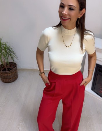 Sakallı Kısa Kol Triko - Kremrengi Sakallı Kısa Kol Triko - Kremrengi