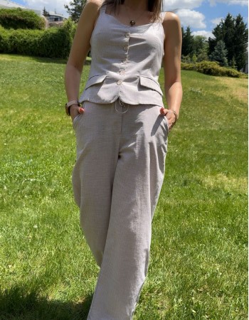 Çizgili Yelekli  Takım Taş Rengi