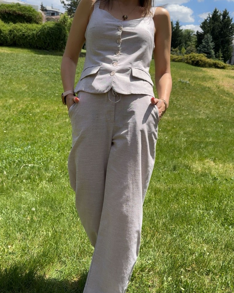 Çizgili Yelekli Takım Taş Rengi Çizgili Yelekli Takım Taş Rengi