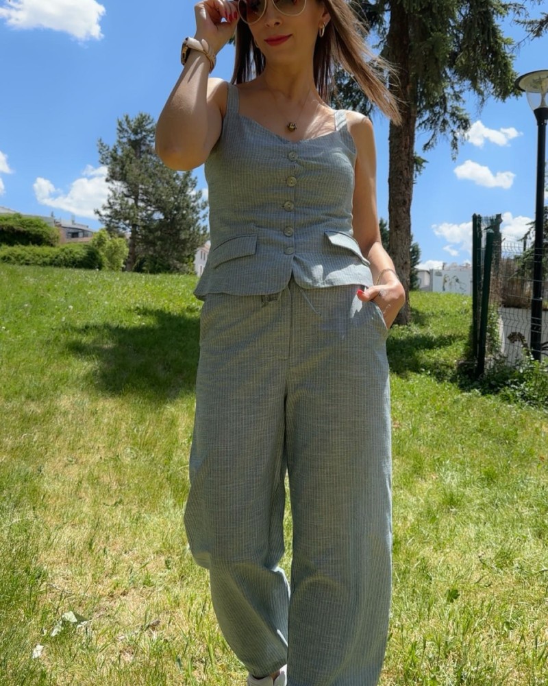 Çizgili Yelekli Takım Su Yeşili Çizgili Yelekli Takım Su Yeşili