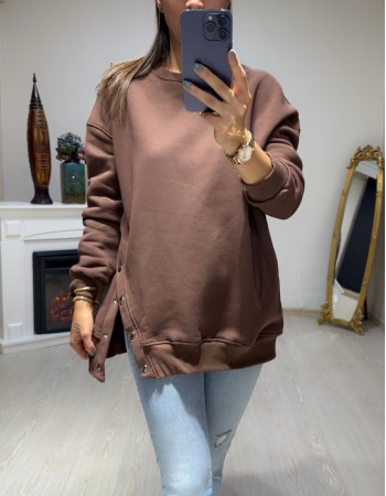 Kahverengi Zımba Düğme Detay Sweatshirt