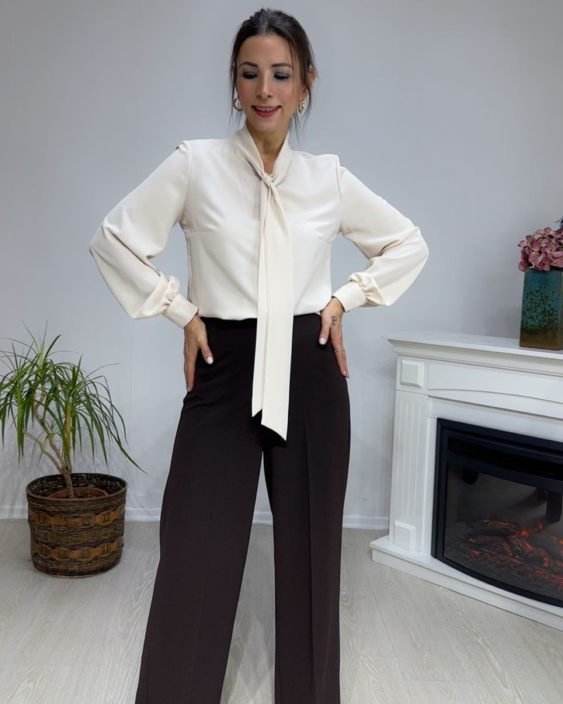 Yaka Bağlama Detay Gömlek Krem