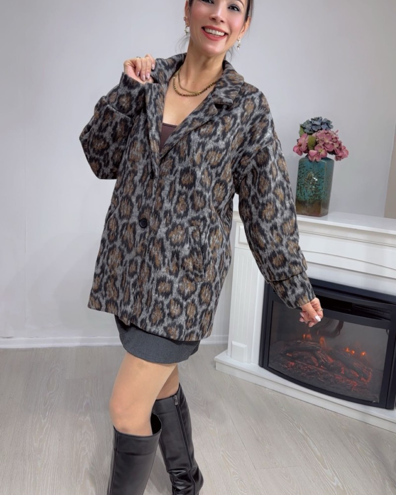 Leopar Desenli Cepli Oversize Ceket