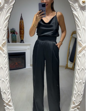 Siyah  Saten Bel Pli Detay Pantolon