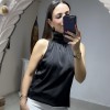 Boğazlı Kolsuz Bluz - Siyah