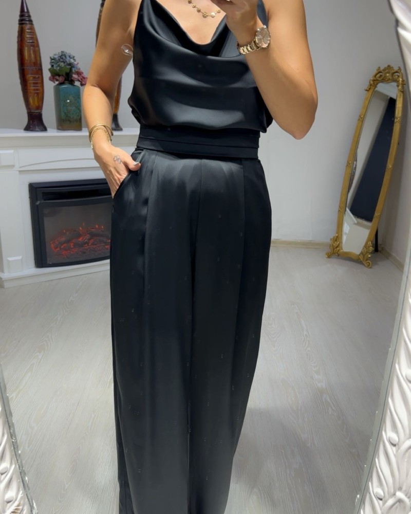 Siyah  Saten Bel Pli Detay Pantolon