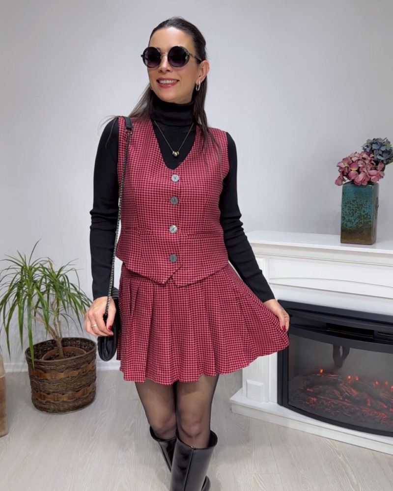 Ekose Mini Etek Yelek Takım Kırmızı 