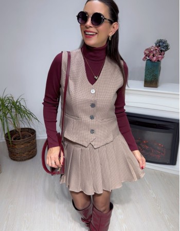 Ekose Mini Etek Yelek Takım Krem 