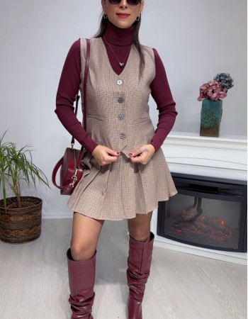 Ekose Mini Etek Yelek Takım Krem 