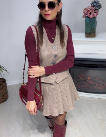 Ekose Mini Etek Yelek Takım Krem 