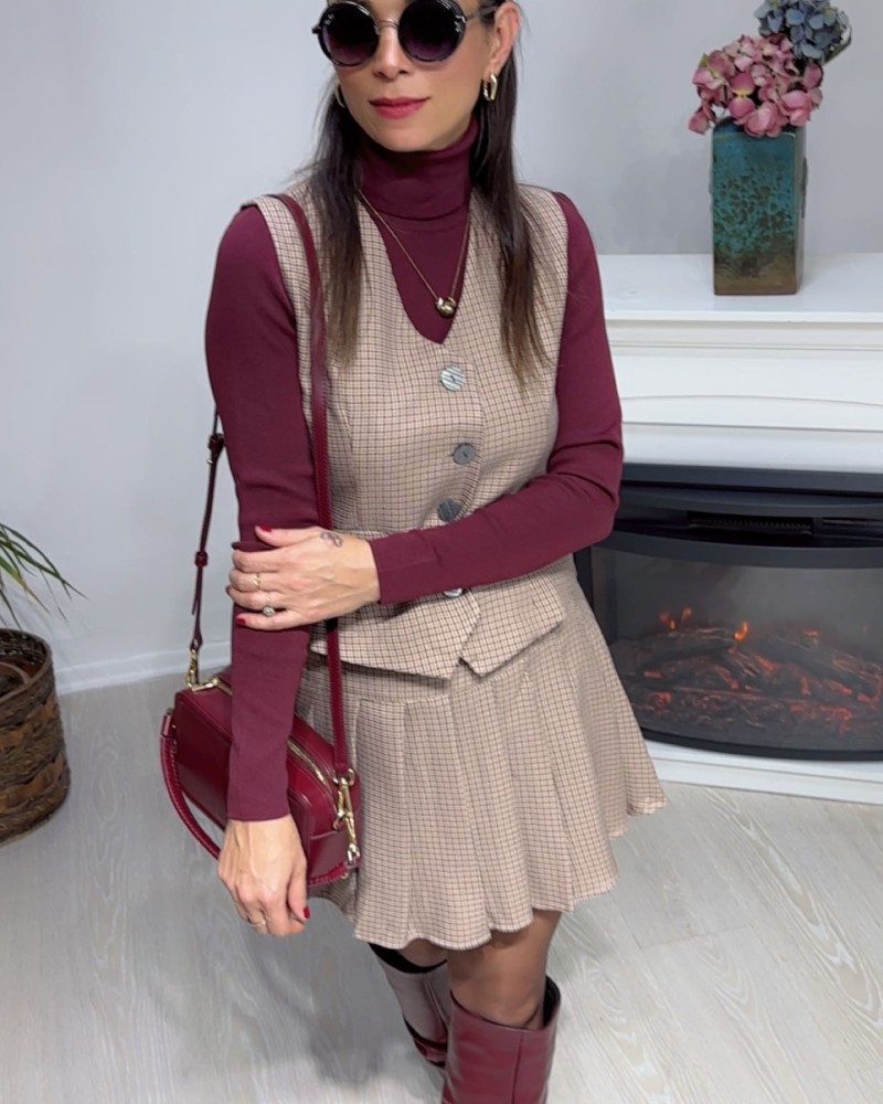 Ekose Mini Etek Yelek Takım Krem 