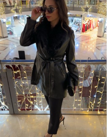 Kürk Detaylı Deri Ceket - Siyah