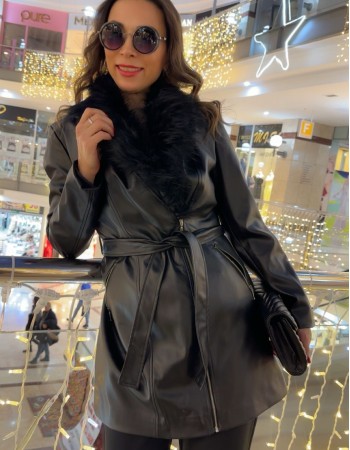 Kürk Detaylı Deri Ceket - Siyah