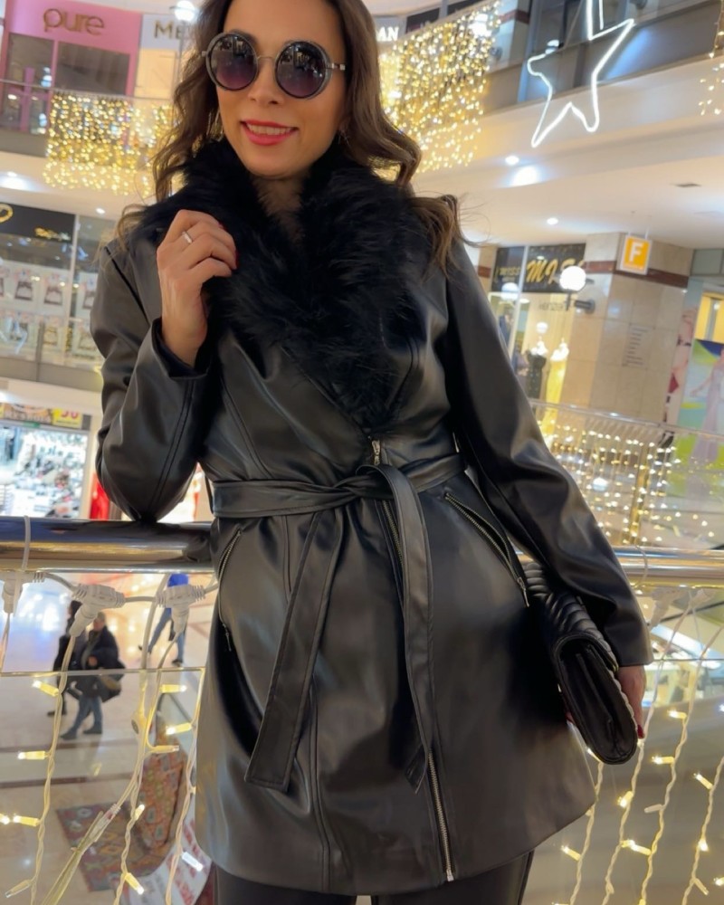 Kürk Detaylı Deri Ceket - Siyah