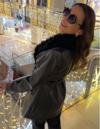 Kürk Detaylı Deri Ceket - Siyah