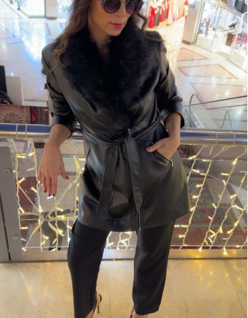 Kürk Detaylı Deri Ceket - Siyah