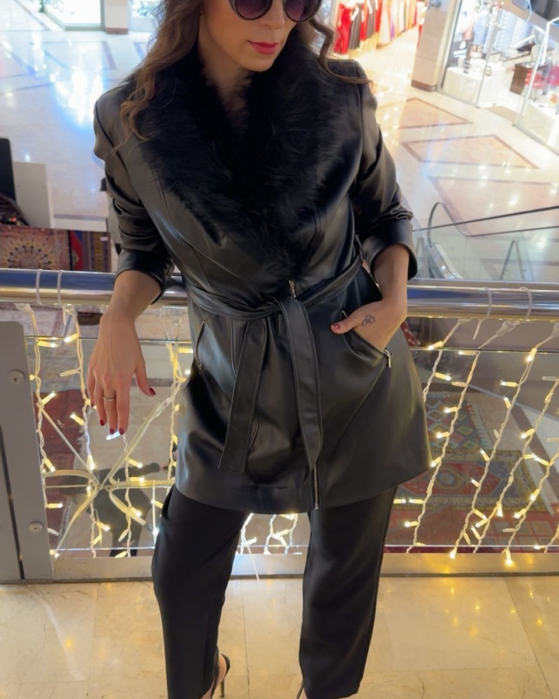 Kürk Detaylı Deri Ceket - Siyah