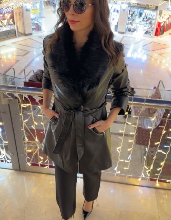 Kürk Detaylı Deri Ceket - Siyah