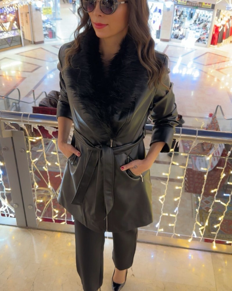 Kürk Detaylı Deri Ceket - Siyah