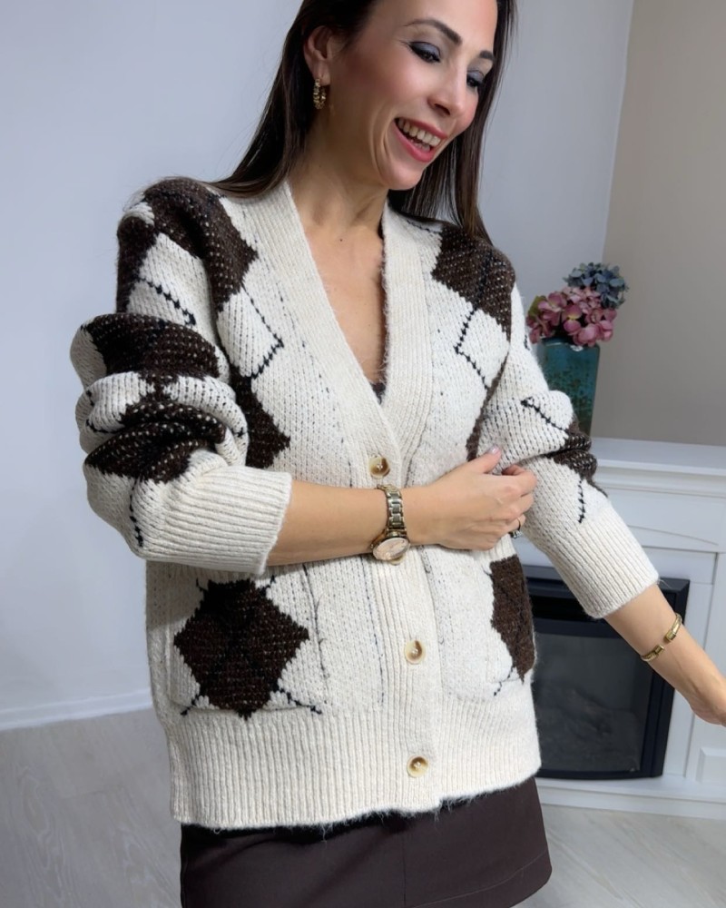 Baklava Desen Hırka (Krem -Kahve )