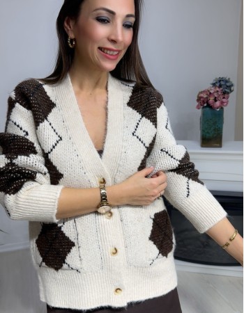 Baklava Desen Hırka (Krem -Kahve )