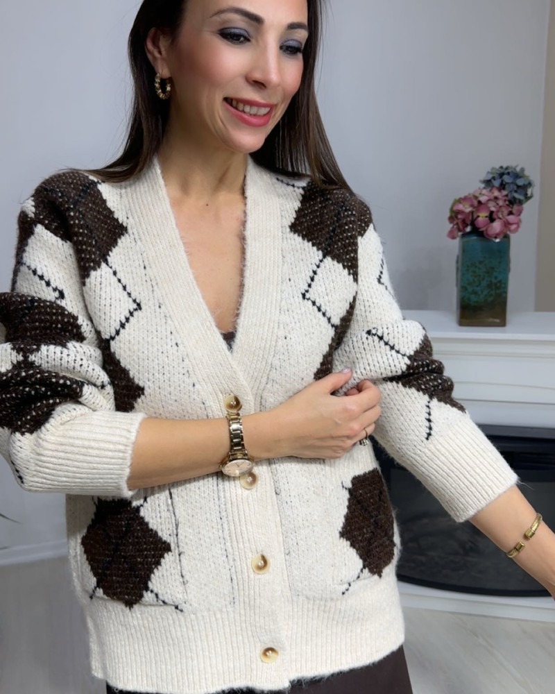 Baklava Desen Hırka (Krem -Kahve )