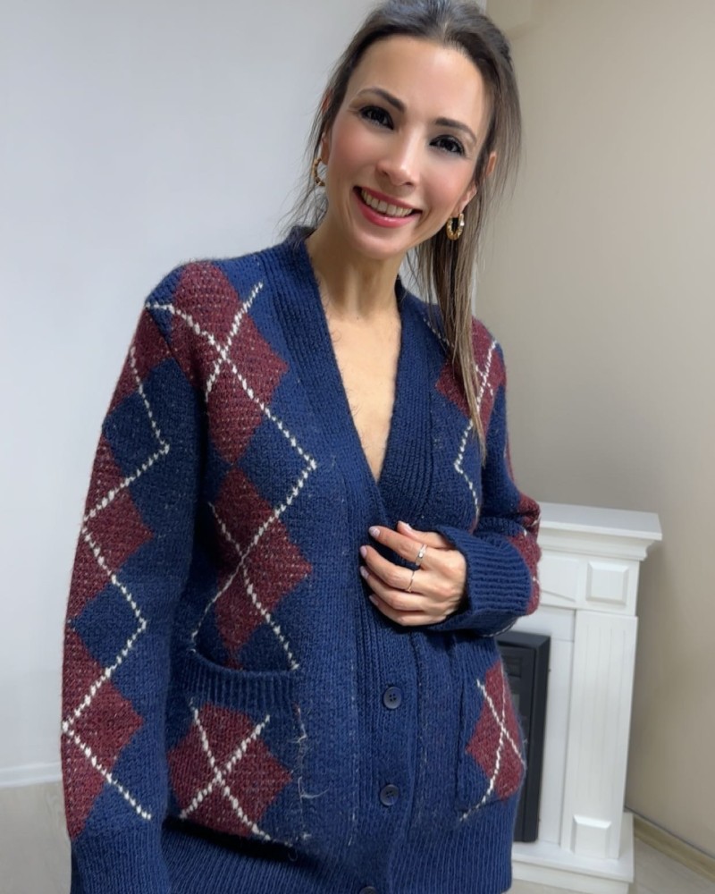 Baklava Desen Hırka (Bordo_Lacivert )