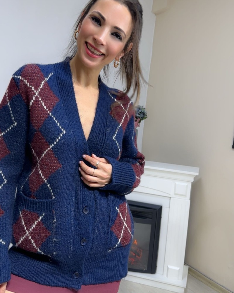 Baklava Desen Hırka (Bordo_Lacivert )