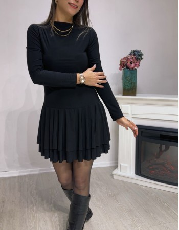 Şort Detaylı Katlı Mini Elbise – Siyah