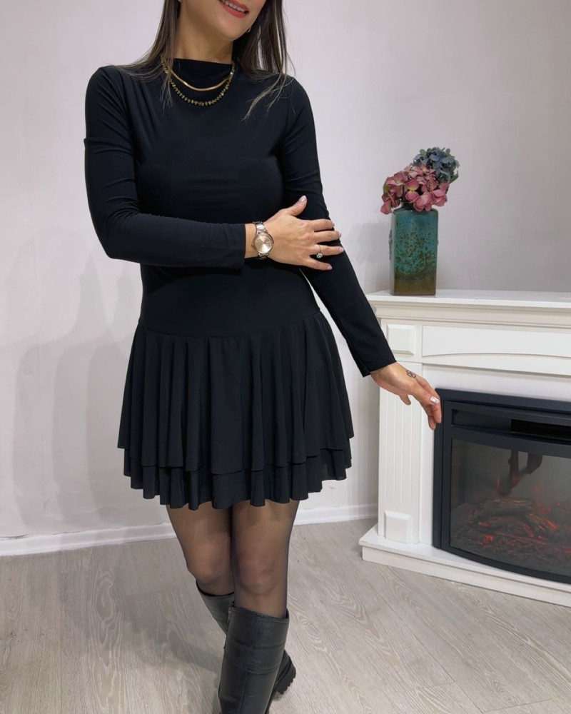 Şort Detaylı Katlı Mini Elbise – Siyah