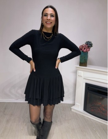 Şort Detaylı Katlı Mini Elbise – Siyah