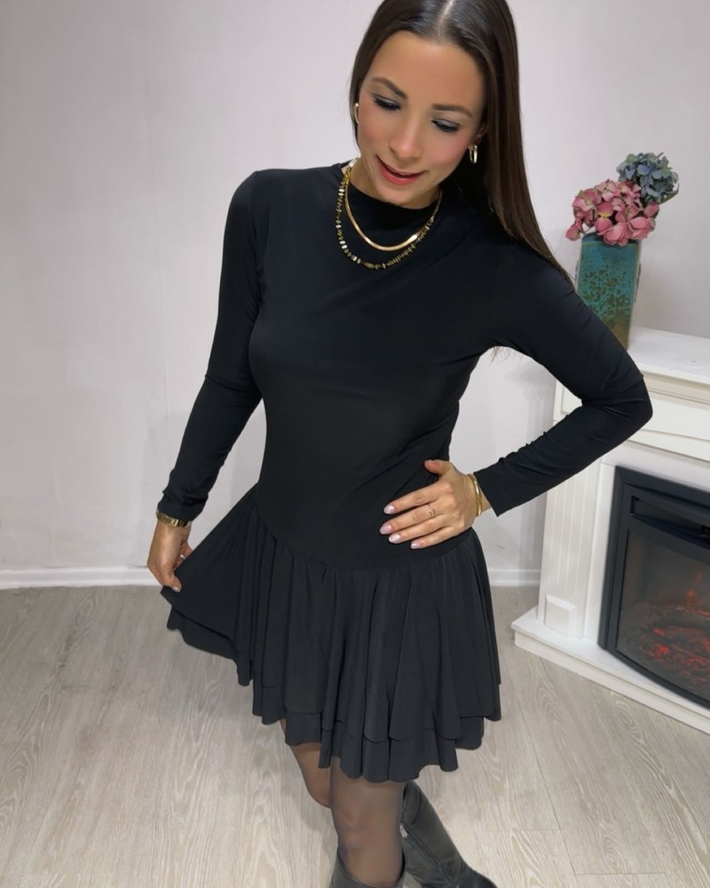 Şort Detaylı Katlı Mini Elbise – Siyah