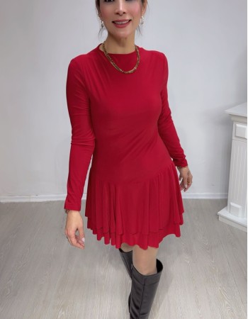 Şort Detaylı Katlı Mini Elbise – Kırmızı