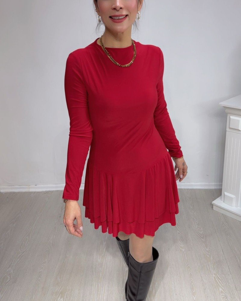 Şort Detaylı Katlı Mini Elbise – Kırmızı