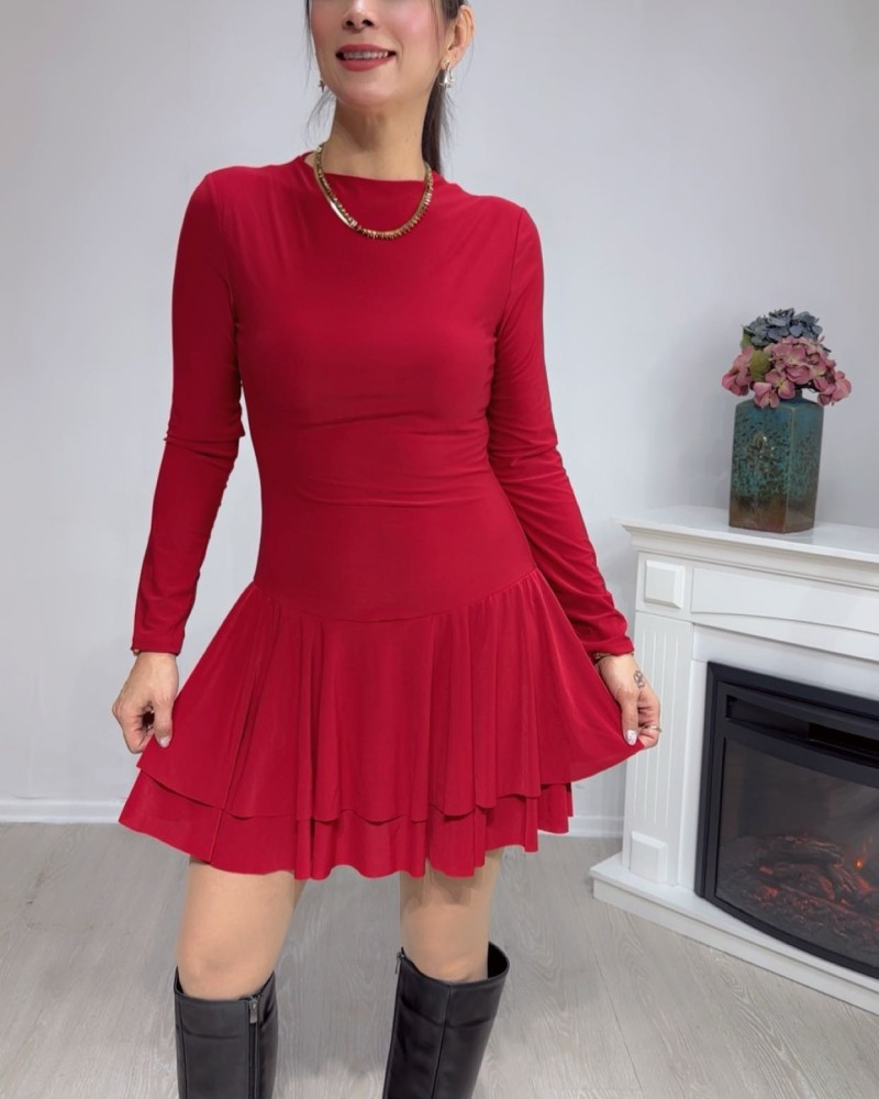 Şort Detaylı Katlı Mini Elbise – Kırmızı