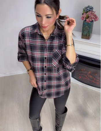 Ekose Desenli Oversize Gömlek – Bordo / Siyah