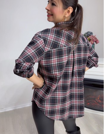 Ekose Desenli Oversize Gömlek – Bordo / Siyah