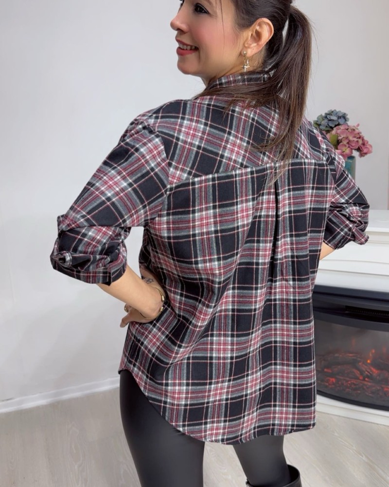 Ekose Desenli Oversize Gömlek – Bordo / Siyah