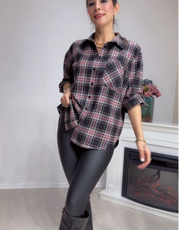 Ekose Desenli Oversize Gömlek – Bordo / Siyah